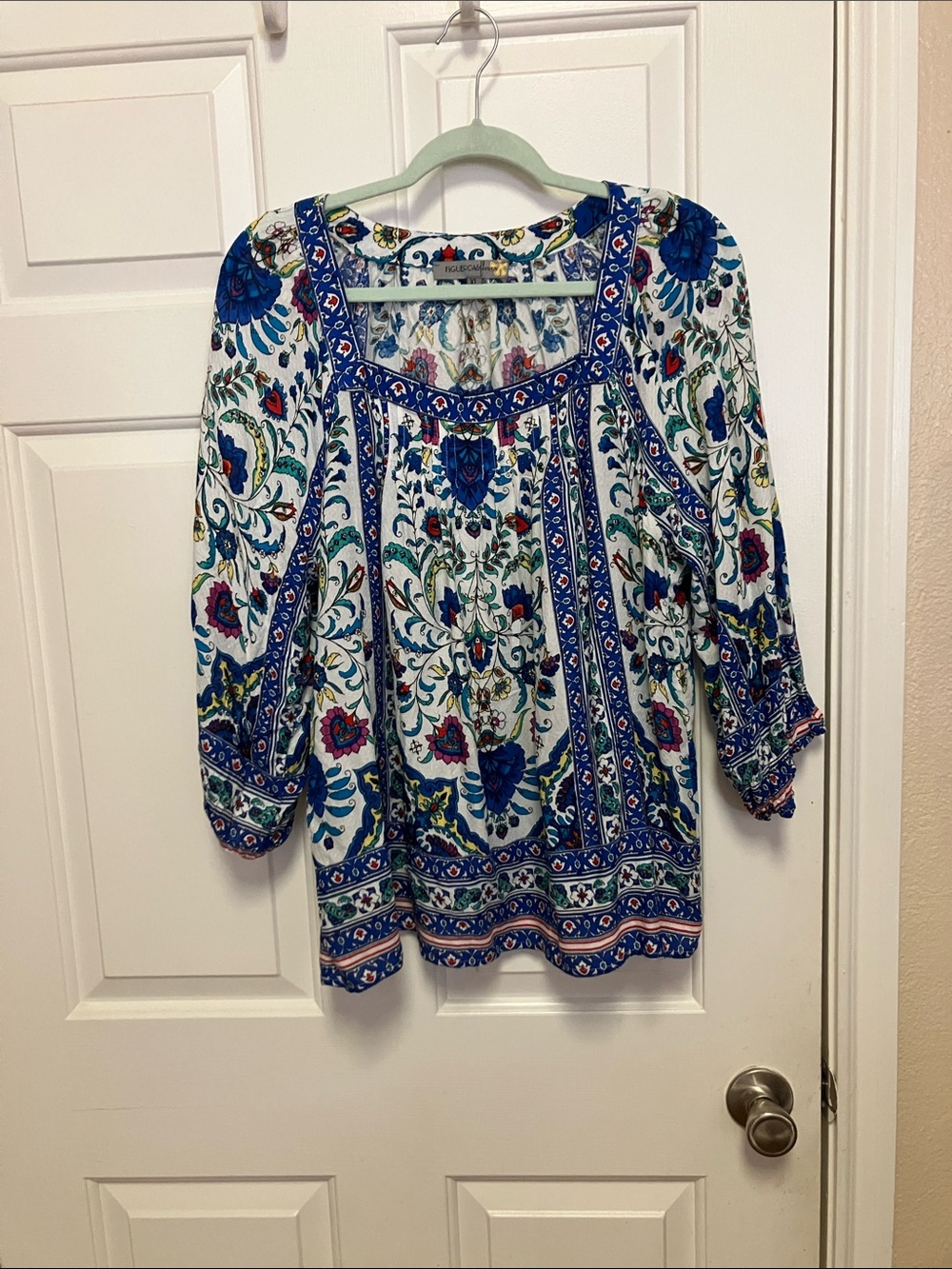Figueroa & Flower Boho Floral Peasant Top in Blue, White & Red Size XL